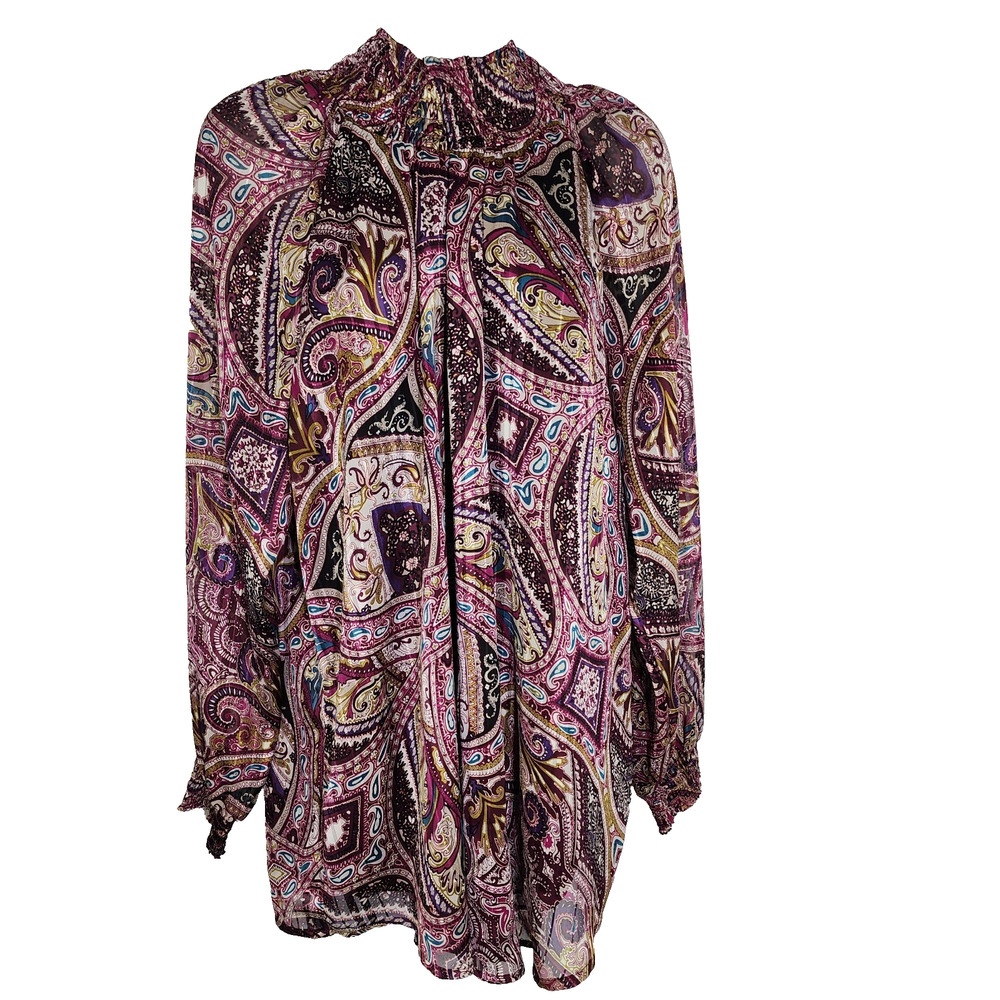 Chico's Bohemian Scroll Smocked Mock Neck Blouse Size 2 Large Paisley Line Swirl